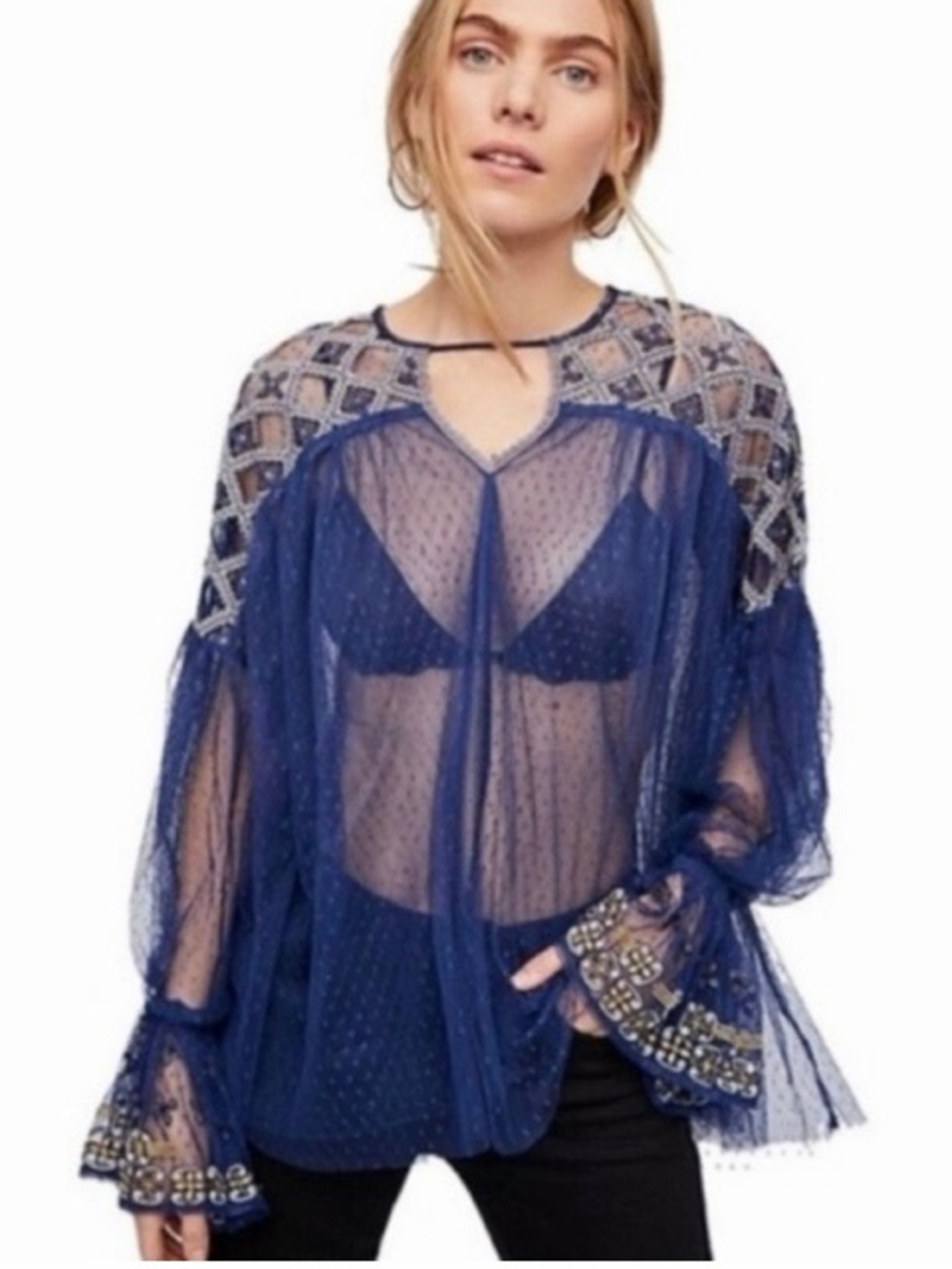Free People Joyride Sheer Polka Dot Embroidered Ruffle‎ Top